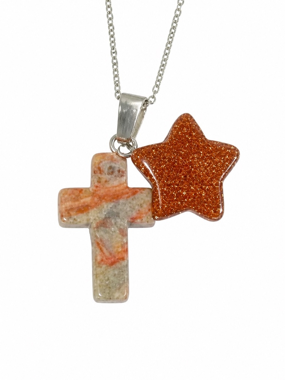 Boho Carnelian Agate Cross and Goldstone Star Sterling Silver 16” Necklace